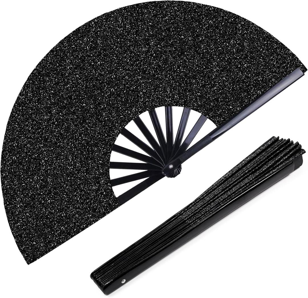 2 x OHOME Hand Fans for Women Foldable - Black Large Folding Rave Fan | Fans for Line Dancing - Nylon-Cloth Vintage Retro Fabric Festival Hand Held Fan, Stocking Stuffers for Women