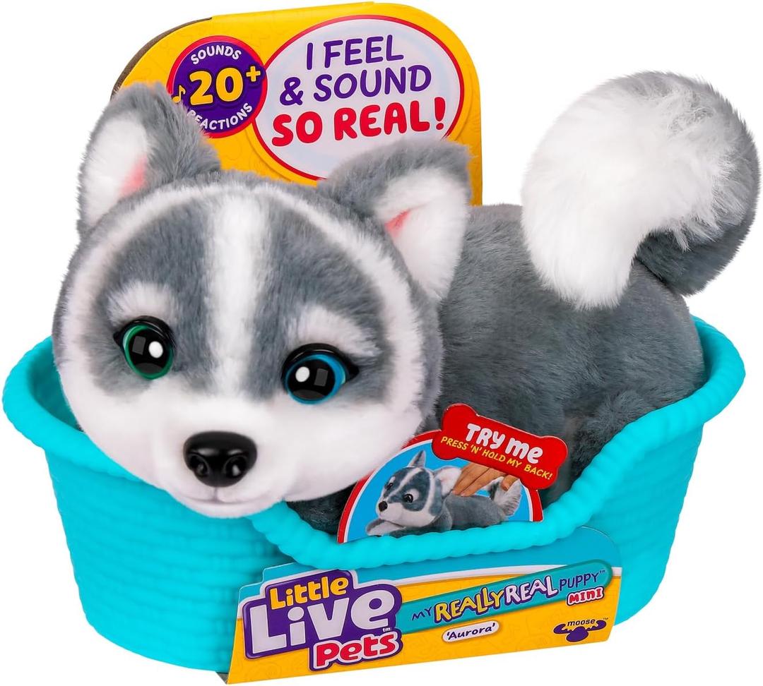 Little Live Pets My Really Real Puppy Mini Aurora The Husky, Interactive Plush Toy with Display Basket, 20+ Sounds and Reactions, Puppy Toys for Kids