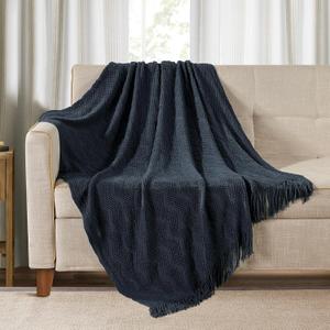 BOURINA Navy Throw Blanket 50x60 Inches Throw Textured Solid Soft Ripple Throws and Blankets for Sofa or Bed Knitted Decorative Blanket (50"x60", Ripple-navy)