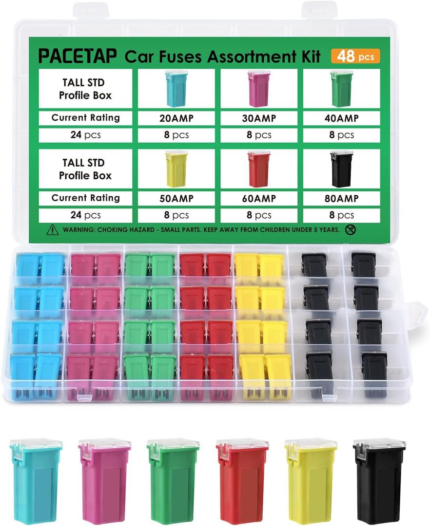 48Pcs Tall Profile Assortment Kit - Car Blade Fuses Tall Profile Box Shaped Fuses (20A, 30A, 40A, 50A, 60A, 80A) for Trucks, Cars and SUV, Boat