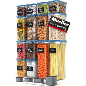 Mueller Food Storage Containers with Lids Airtight, 14-Piece Cereal Containers Storage, Kitchen & Pantry Organization Storage with 14 Labels, 4 Measuring Cups and Marker, Dark Blue