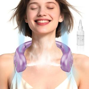 Neck Fans Portable Rechargeable Personal Misting Fan,Fold Up Compact Necklace Fan with Mist,Soundless Powerful Mobile Body Air Cooler with Digital LED Display, Presents for Adults Kids Elderly Purple, Normal