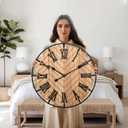 EMAX HOME 24 Inch Large Wooden Wall Clock – Extra Large FarmhouseWall Clock with 3D Roman Numerals & Herringbone Splicing, Brown Modern Wood Wall Clock for Living Room
