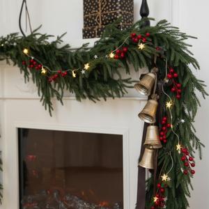 6 ft Christmas Garland Set of 8, Include 2 Artificial Norfolk Pine, 2 Red Berries, 2 Star Garland & 2 Star String Lights Artificial Garlands for Table, Mantle, Wall, Xmas Decorations