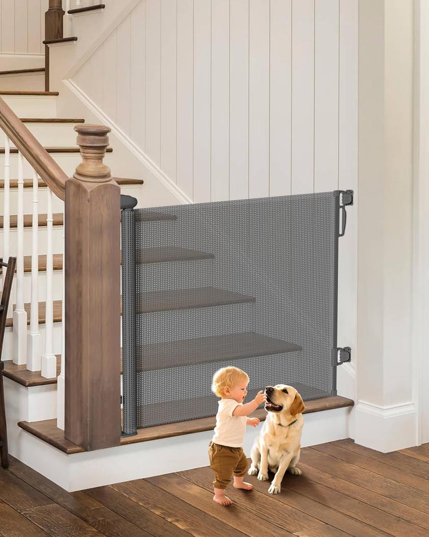 Retractable Baby Gates | 55" Wide x 34" Tall Dog Gates | One-Hand Operation | Baby Gates for Stairs, Doorways, Deck, Porch, Hallways, Patio - Gray