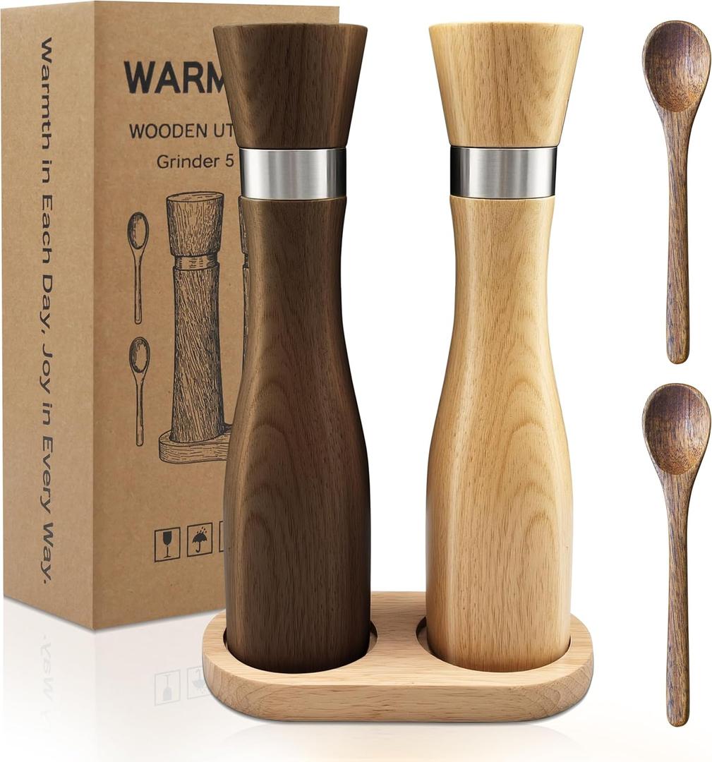 Solid Beech Wood Salt & Pepper Grinder 5PC Set, 9.25inch Manual Mills with Tray & Wooden Spoons, Adjustable Coarseness Ceramic Core,Refillable Non-Slip Base for Kitchen Countertop Dining Decor