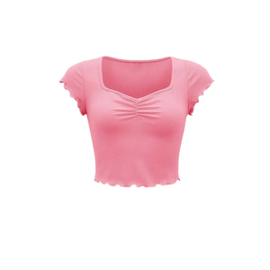 Kids Tops for Girls Shirts Ruched Sweetheart Neck Lettuce Trim Tee Shirts (Color:Pink, Size:L 10-12)