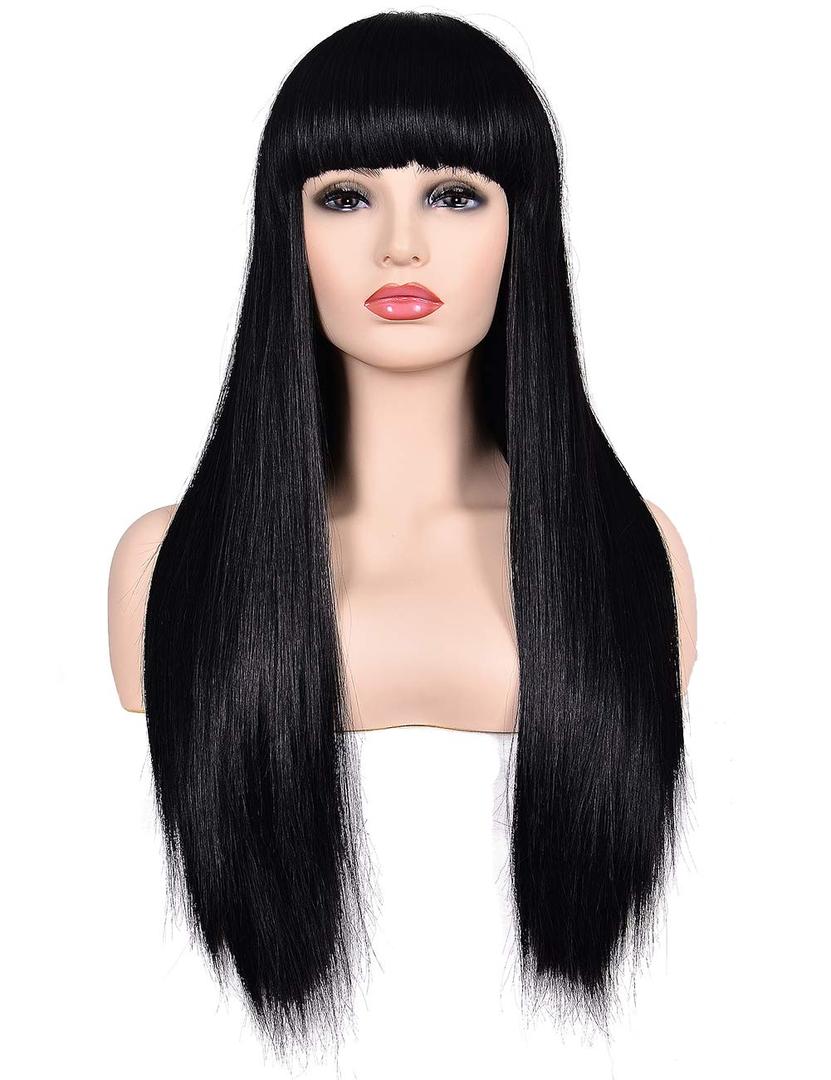 Morvally Women's 26" Long Straight Black Synthetic Resistant Hair Wigs with Bangs Natural Looking Wig for Women Halloween Cosplay