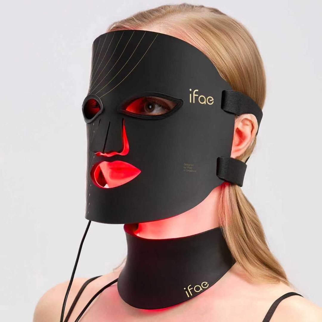 IFAE Red Light Therapy Mask for Face and Neck, 7 Colors with NIR Led Face Mask Light Therapy with Eye Protection and Remote, Rechargeable Ergonomic Design for True Anti-Aging Skincare at Home (Black Gold)