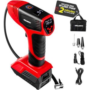 BULLSEYE PRO Tire Inflator with Pressure Gauge, Compact and Portable, Automatic Shut Off, 150 PSI Max, USB Home Rechargeable and Cord for Vehicular Use As Seen On TV (9475) (Red)