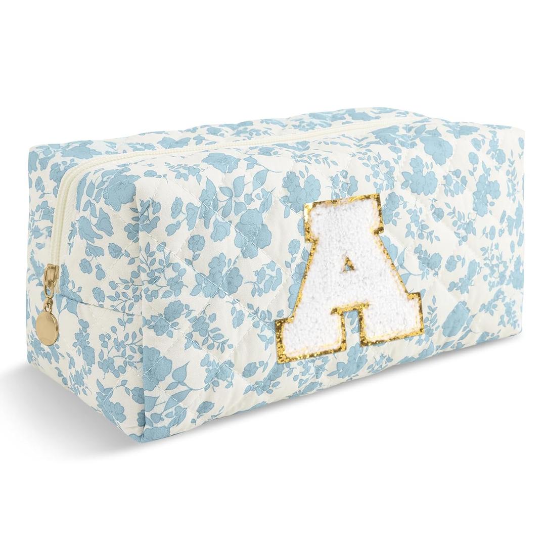 Personalized Quilted Cosmetic Bag, Puffy Monogrammed Christmas Birthday Gifts for Women & Girls, Cute initial Floral Makeup Bag Puffer Coquette Bag, Aesthetic Travel Toiletry Zipper Pouch (Blue, A)