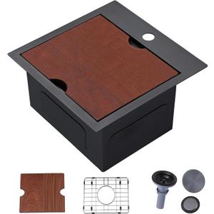 HOTIS 15 X 15 Inch Black Drop in Bar Sink, Black Bar Sink,Topmount RV Small Kitchen Sink, Outdoor Single Bowl Prep Sink with Dish Grid & Drain & Cutting Board