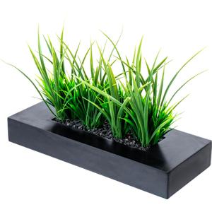MyGift Large Artificial Green Grass Plants Potted in 14-Inch Matte Black Wood Decorative Planter, Tabletop Faux Greenery in Wooden Rectangular Pot Centerpiece Dcor