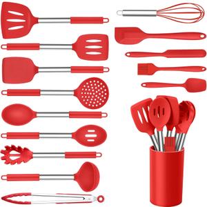 Onader 15 Pcs Silicone Cooking Utensils Set, Red Kitchen Utensils Spatula Set with Holder, Large Kitchen Gadgets Tools for Nonstick Cookware
