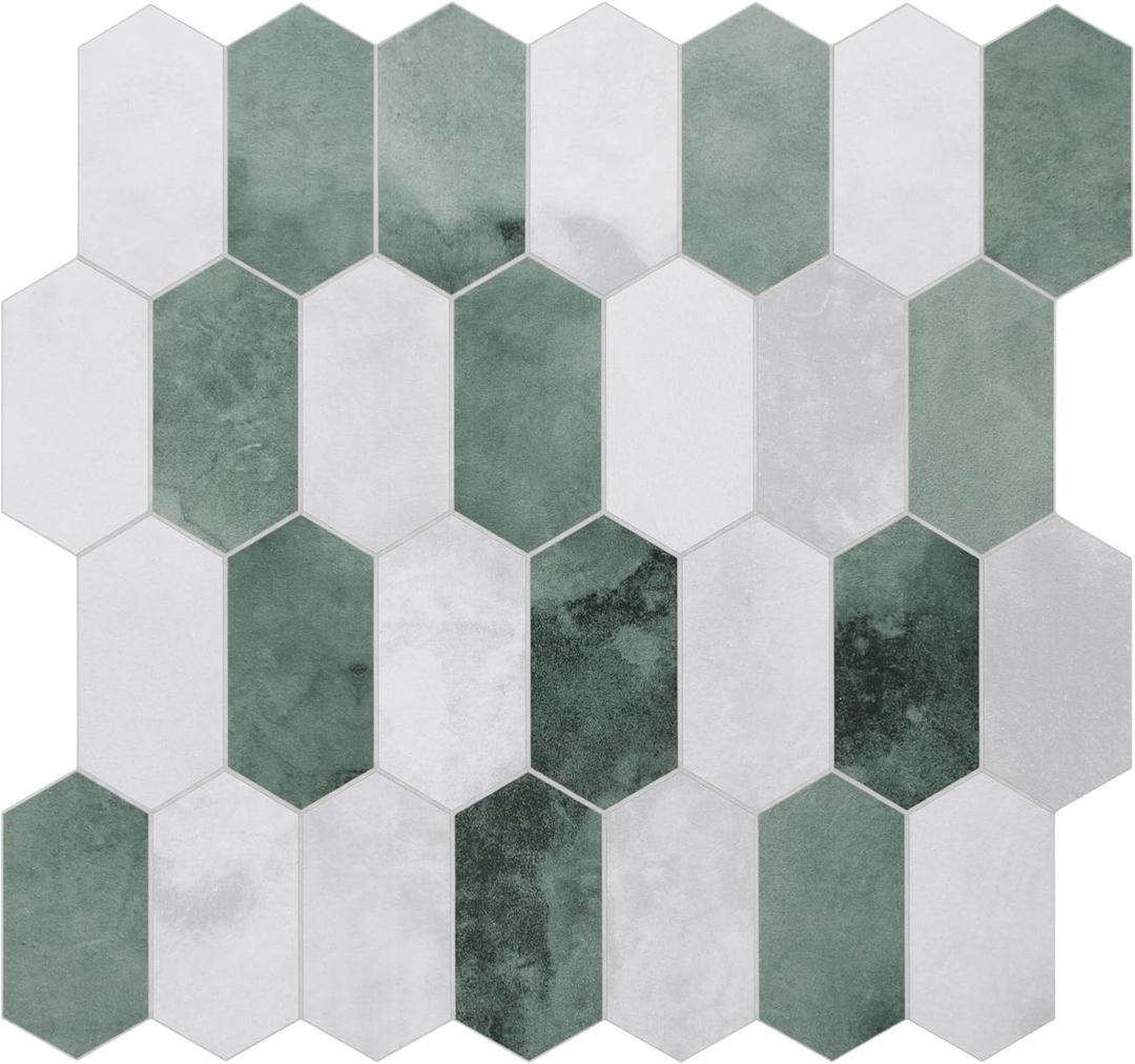 The Tiles Plaza 10-Sheet Peel and Stick Backsplash, 12" x 11.5" Green Cement Long Hexagon Self Adhesive Wall Tile, Stone Composite Stick On Decorative Mosaic Tile for Kitchen Bathroom Fireplace