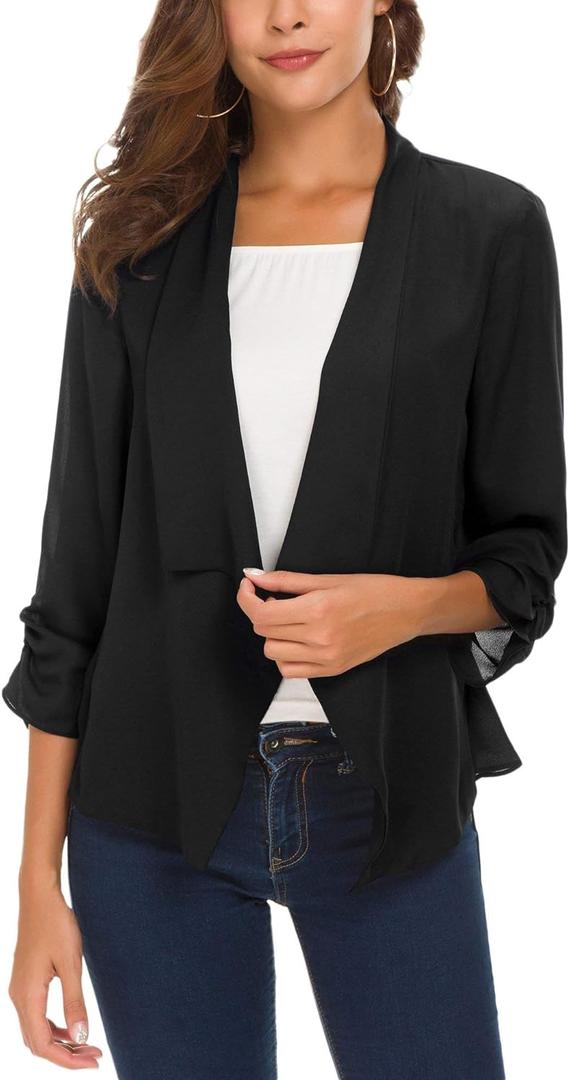 Urban CoCo Women's Ruched Sleeve Lightweight Thin Chiffon Blazer (Black, XL)