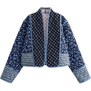 Women's Cropped Puffer Quilted Jacket Cardigan Floral Printed Lightweight Long Sleeve Open Front Short Padded Coats, Size: Medium