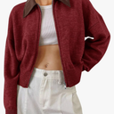 Saodimallsu Womens Zip Up Barn Jacket Cropped Faux Leather Collared Open Front Long Sleeve Fall Cardigan Sweaters M