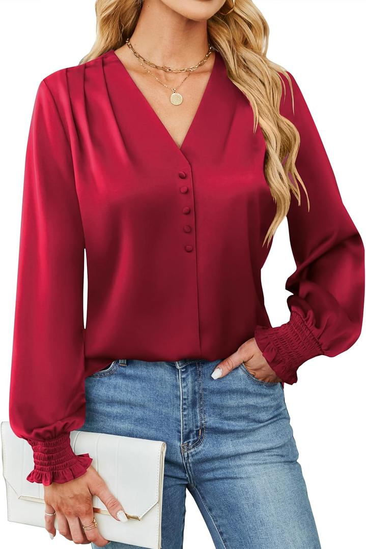 BMJL Women's Blouses Dressy Casual Satin Silk Long Sleeve Shirts Business Casual Tops (Red)