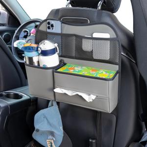 Leather Car Seat Back Organizer with Tissue Holder, Water Bottle Holder, Phone Holder for Road Trips. (Gray)