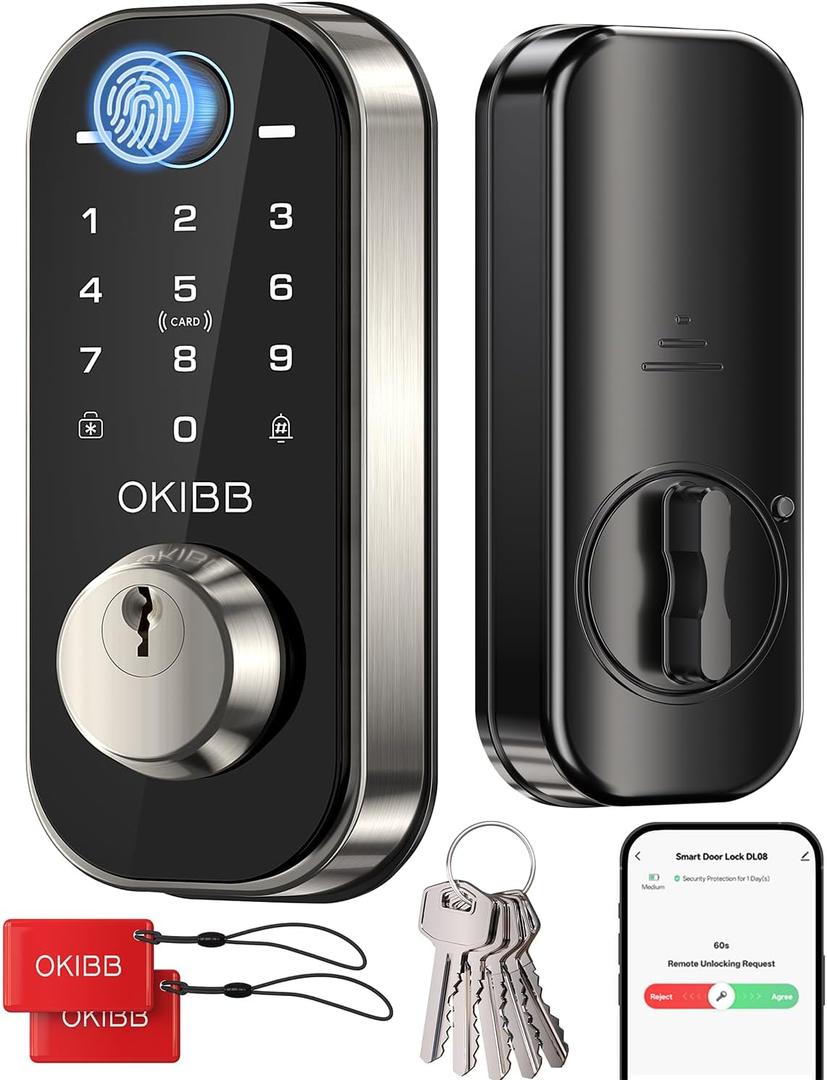 Fingerprint Door Lock for Front Door Built-in Wi-Fi OKIBB, Smart Keyless Entry Door Lock with APP Touchscreen Keypad Deadbolt, Emergency Power Port, One-Touch, IP54 Weatherproof, BHMA Grade 3
