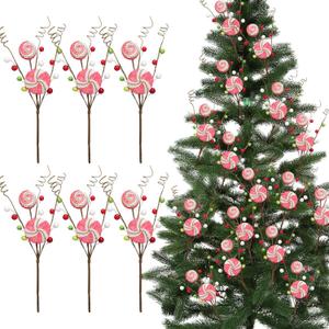 Yinkin 6 Pcs Peppermint Candy Cane Pick Spray Ornament 13 Inches Red Green White Stripe Lollipop Sprays Floral Berry Christmas Picks and Sprays for Christmas Tree Wreath Decoration Home Party Craft