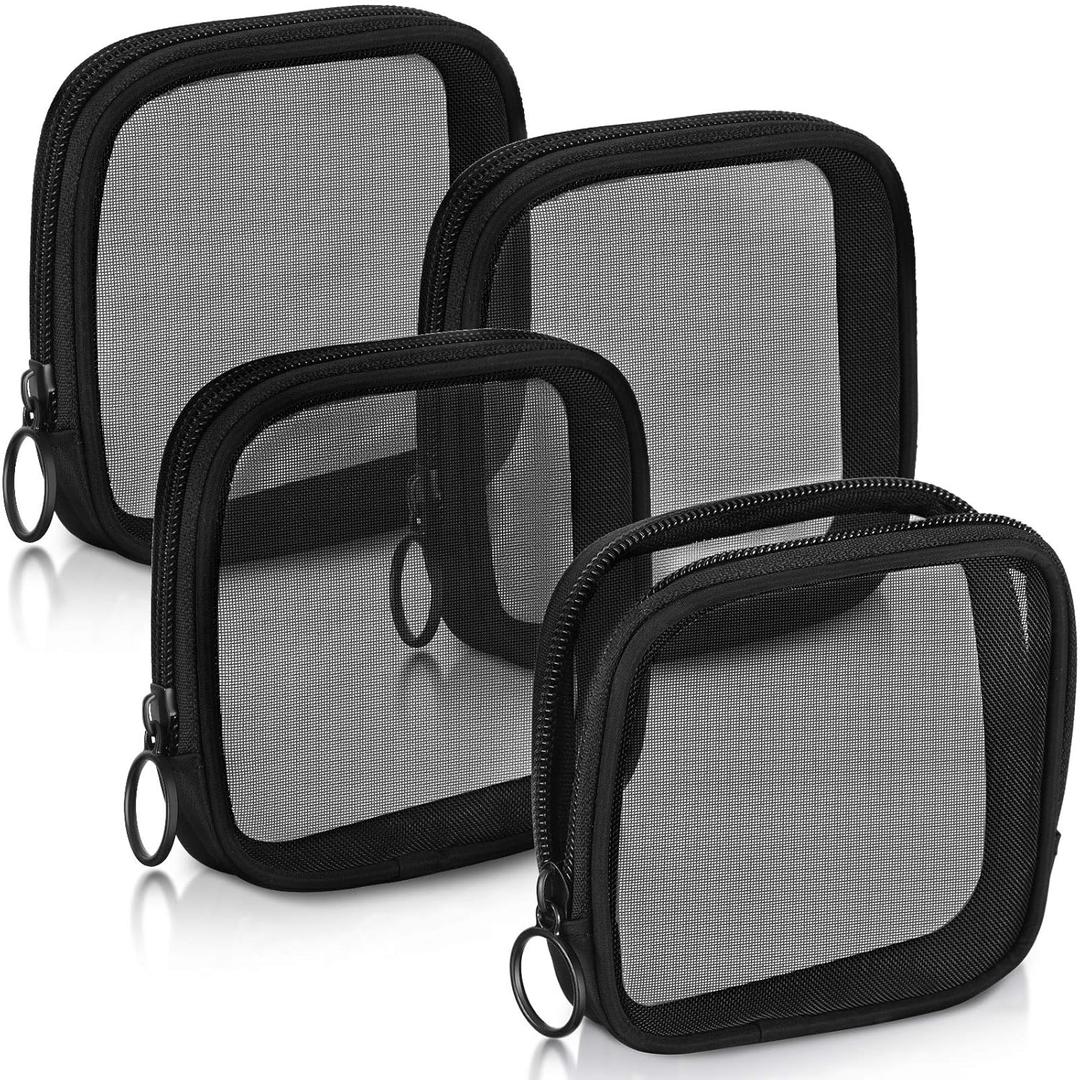Weewooday 4 Pcs Mesh Makeup Bag Mesh Cosmetic Bag Travel Toiletry Pouch with Zipper Mini Makeup Cosmetic Purse for Daily Accessory(Small,Black) (4.52x4.52x0.78 Inch (Pack of 4))