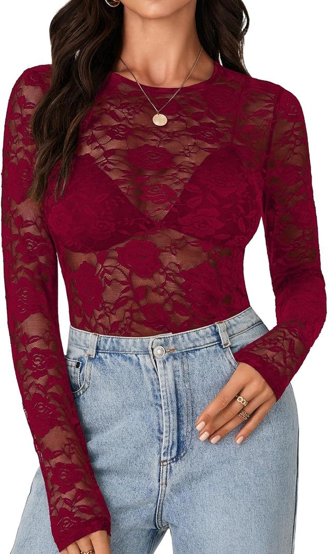 LYANER Women's Sexy Mesh Top Floral Long Sleeve See Through Shirt Lace Sheer Blouses (Wine Red), S