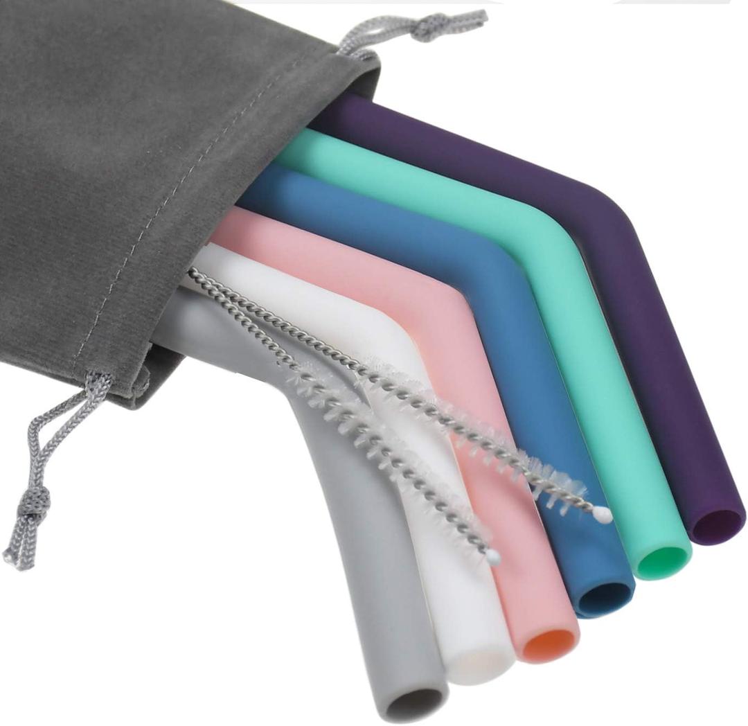 Senneny Set of 6 Silicone Drinking Straws for 30oz and 20oz - Reusable Silicone Straws BPA Free Extra Long with Cleaning Brushes- 6 Bent- 8mm diameter
