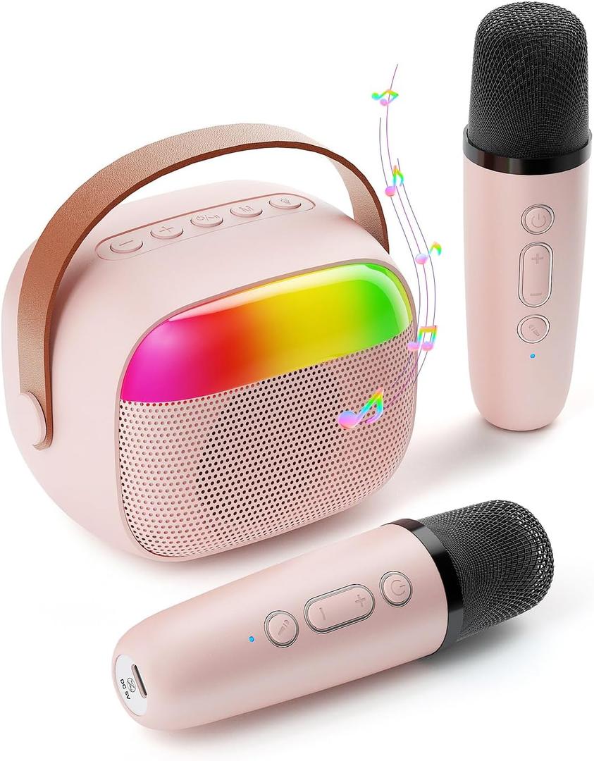 Mini Karaoke Machine for Kids, Toy for Girls Portable Bluetooth Speaker with 2 Wireless Microphones, Fashion Toy Gifts for Christmas Birthday, for 3 4 5 6 7 8+ Year Old Girls Gifts(Pink)