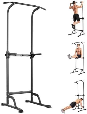 Power Tower Home Gym Strength Training Station Adjustable 10 Height Levels, Heavy-Duty Chin-Up Tower with Parallel Dip Handles, Bodyweight Workout Equipment for Pull-Ups, Dips, Knee Raises, Push-Ups, 330 Lb Capacity