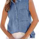 Orchidays Women's Denim Tank Top V Neck Button Down Collared Sleeveless Shirts Casual Blouse Tops, small