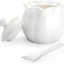 Ceramic Sugar Bowl with Lid and Spoon, Flower-Shaped Porcelain Salt Storage Jar, White Seasoning Container for Home and Kitchen, 9 Ounces