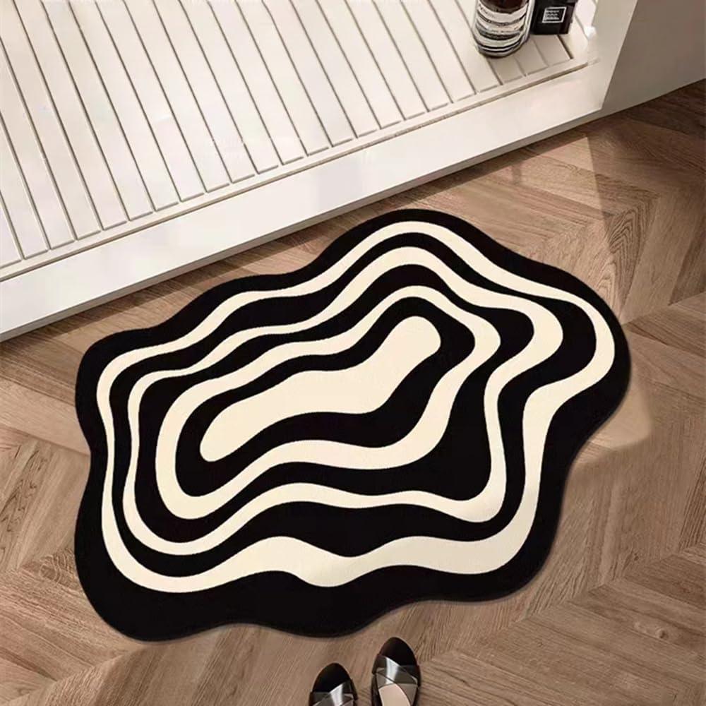 Black and White Bathroom Mat, Non-Slip Irregular Shaped Bathtub Mat, Machine Washable Diatom Mud Quick Dry Shower Carpet for Home Bathroom 23.6"x35.4"