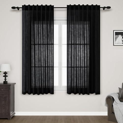 Nanspring Black Linen Curtains 63 inches Long for Bedroom Back Tab Sheer Black Curtains Modern Farmhouse Coastal Decor Cotton Textured Gauze Curtain for Bathroom 2 Panel Set 52x63