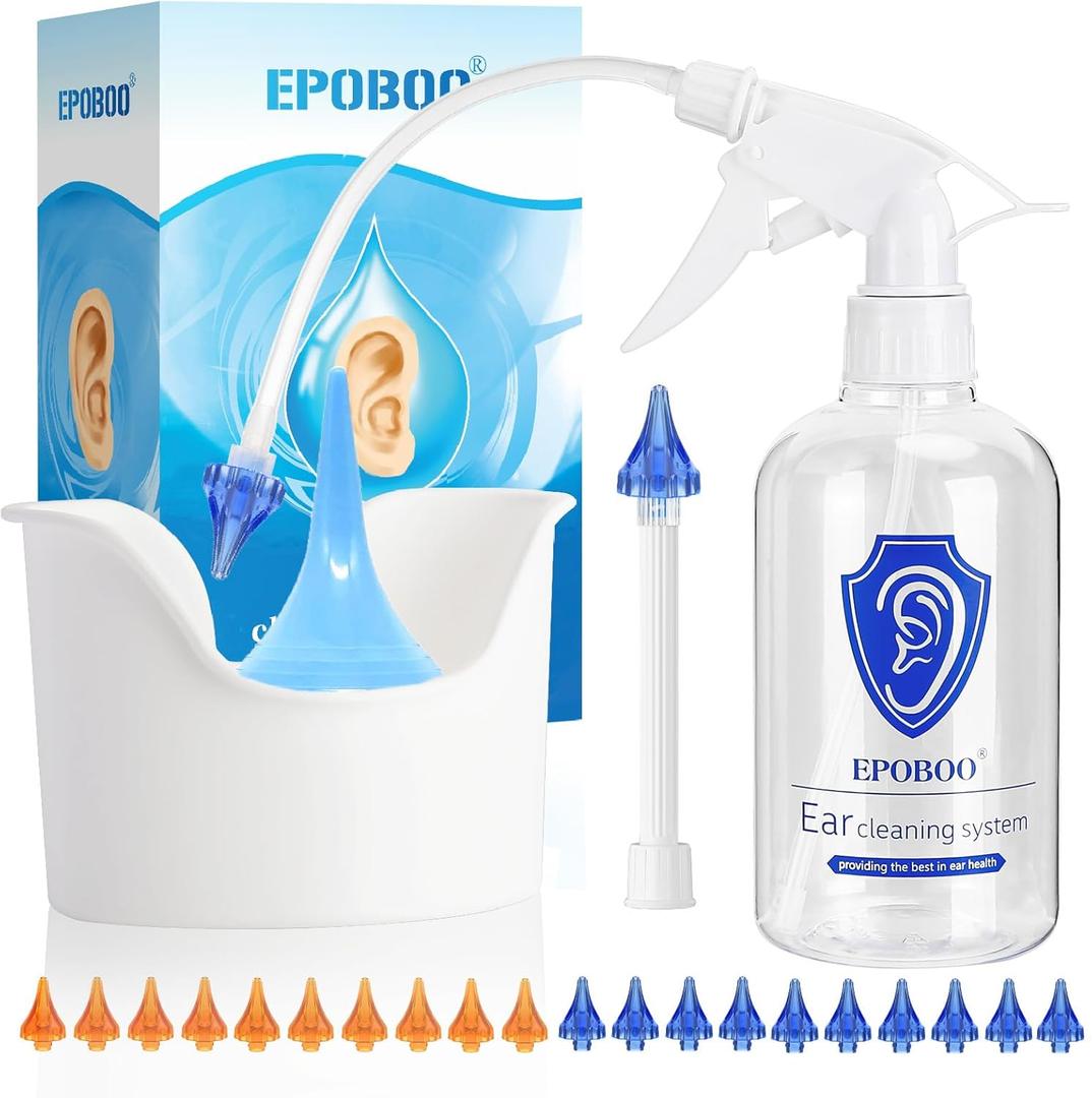 Ear Wax Removal Spray Kit  Safe, Gentle & Effective Ear Irrigation, FSA-HSA-Eligible, 500ml Bottle with Basin, Drying Bulb, 20 Reusable Tips, Rigid Pipe for One-Person & Flex Tube for Family Use