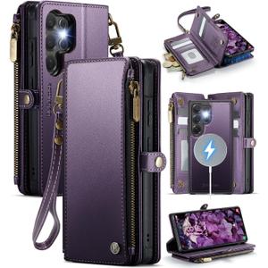 Defencase for Samsung Galaxy S23 Ultra Magnetic Wallet Case Compatible with Magsafe with RFID Blocking Zipper & Card Holder Women, PU Leather Detachable Phone Case for Galaxy S23 Ultra 6.8", Purple