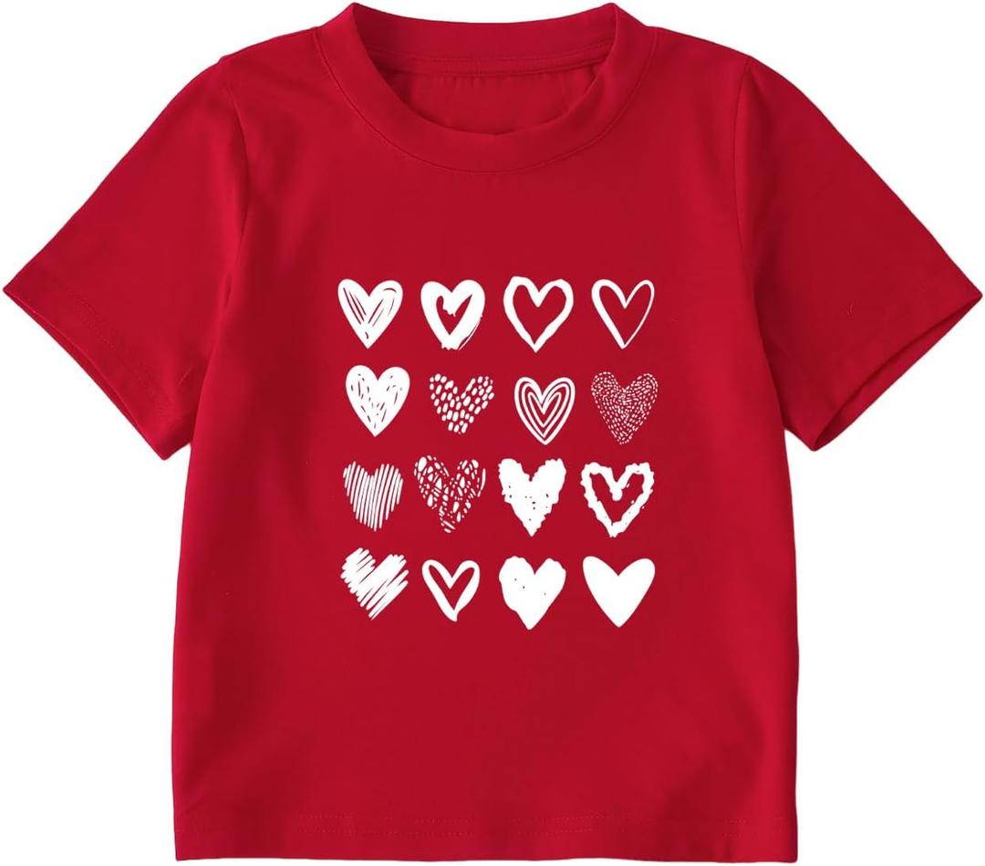 Girl's Heart Print Short Sleeve T-Shirt Cute Casual Summer Tee (Red), Size: 5T