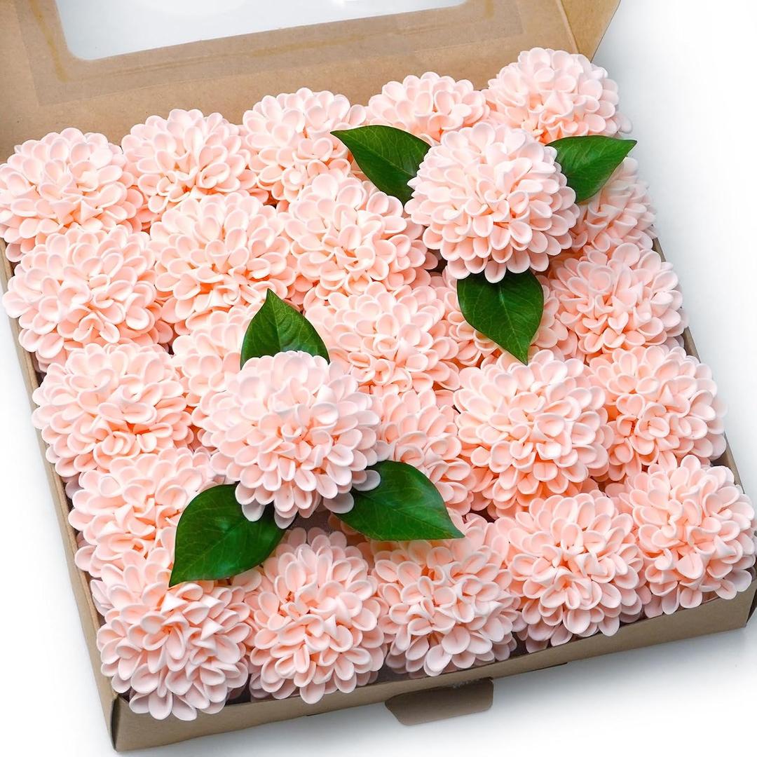 Faux Wedding Dahlia Flowers 25 Pink Roses with Stems for DIY Wedding Decor Centerpiece Arrangement Bouquet (Blush)