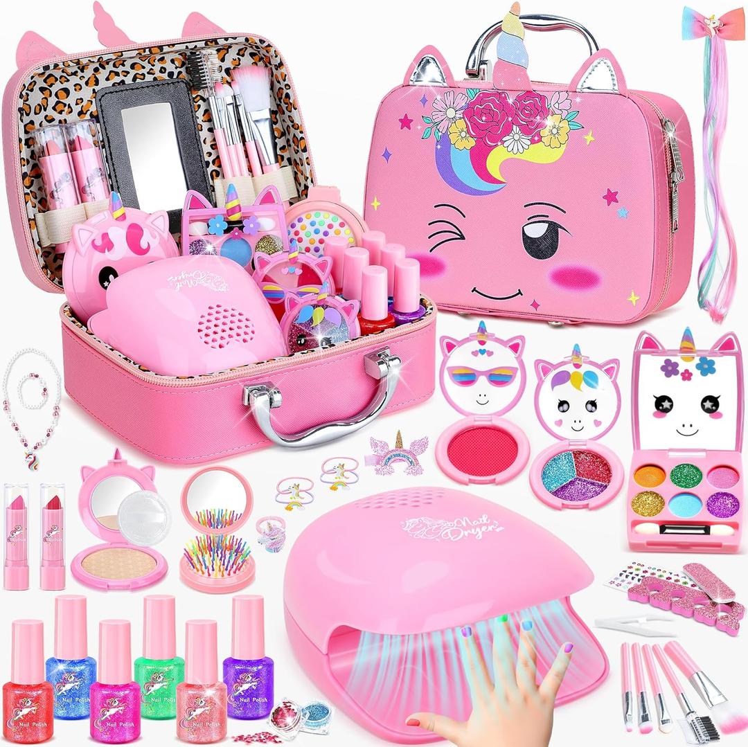 PERRYHOME Kids Makeup Kit for Girl, Unicorn Real Washable Cosmetic Set, Non-Toxic Kids Nail Kit for Girls with Nail Dryer, 2026 New Princess Toys & Birthday Gifts for Girls for 3 4 5 6 7 8+ Years Old