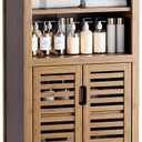 HITNET Walnut Bathroom Floor Cabinet, Bamboo Side Tall Storage Organizer, Freestanding Kitchen Cupboard with Door and Removable Shelf, Large