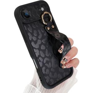 Compatible with iPhone 17 Air Case with Finger Hand Wrist Strap for Girls Women, Cute Leopard Cheetah Phone Case with Wristband Kickstand, Durable Silicone Protective Cover, Black Leopard