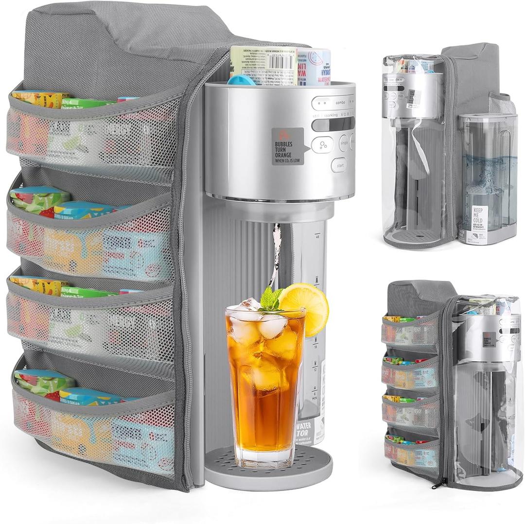 Soda Machine Dust Cover for Ninja Thirsti Max Custom Hydration System, Soda Maker WC2002, Cover Bag with Storage Pockets Compatible with Ninja Thirsty, Flavored Water Drops(Gray)