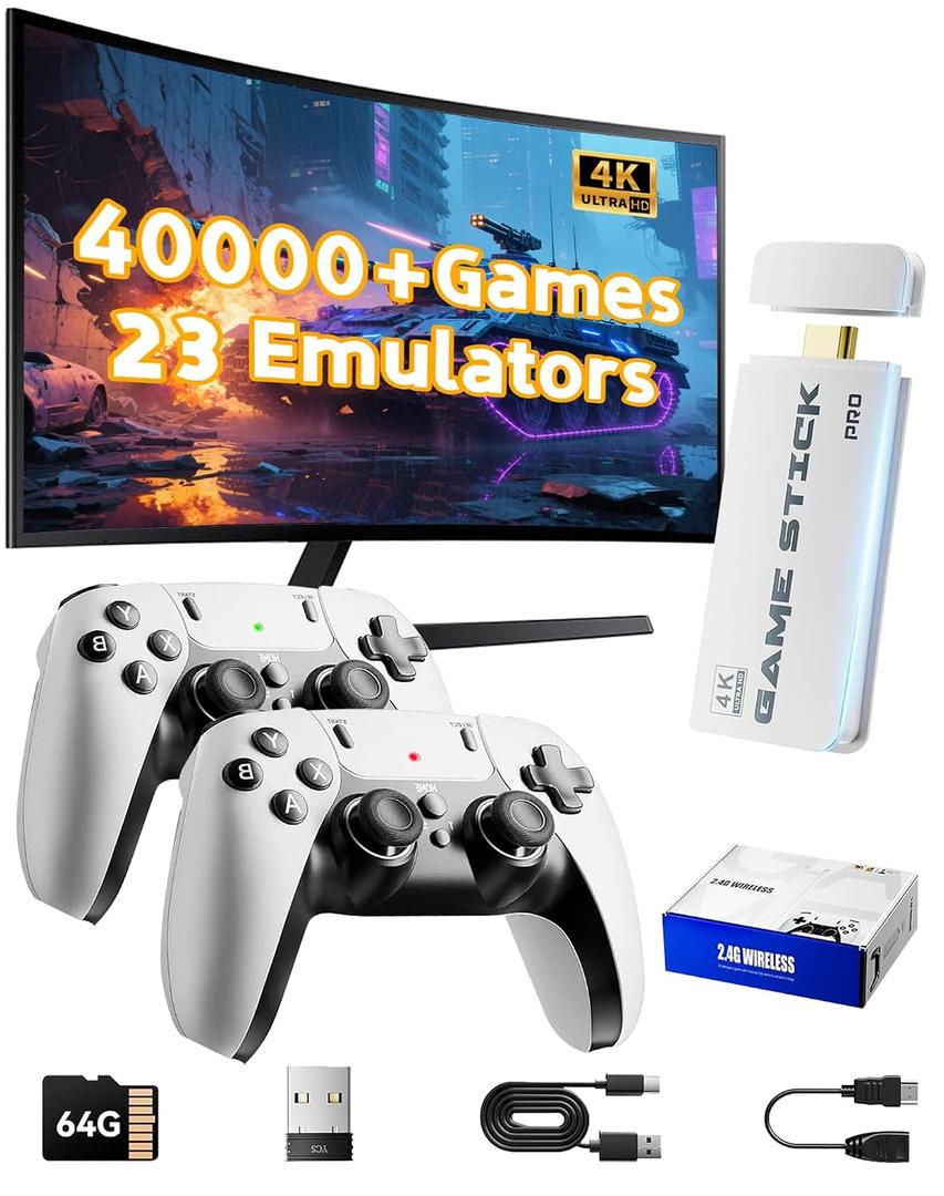 2026 Upgraded Retro Gaming Console Stick Pro, Video Games Stick with 4K HDMI Built-in 23 Emulators Console, 40000+ Game System, Plug and Play TV Game Stick with 2 Wireless Controllers Natural White