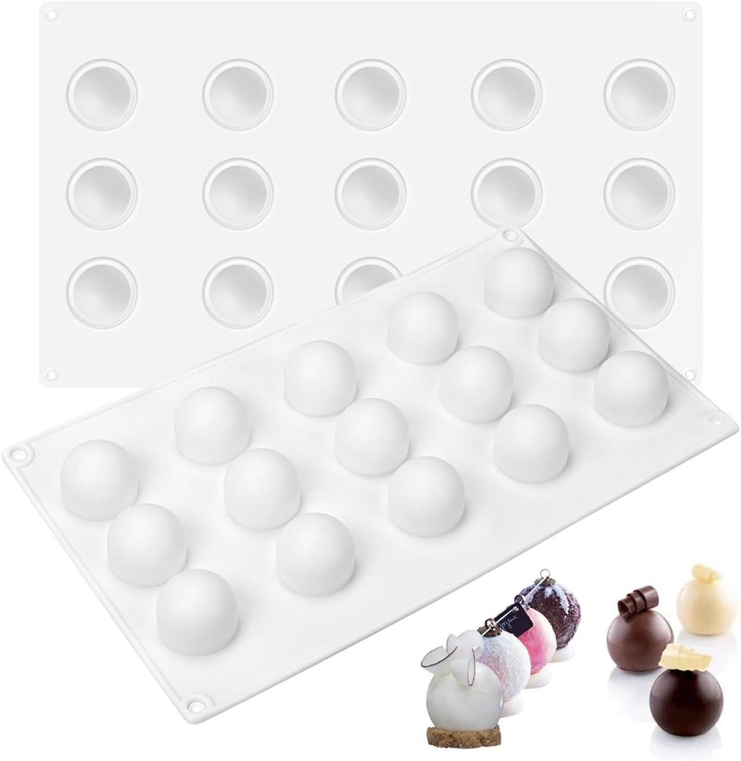 RoseFlower 2pcs Truffle Sphere Silicone Mold, 15-Cavity Silicone Mini Cake Ball Mold, 3D Silicone Baking Mold for Cake Decoration Dessert Mousse Pastry Chocolate Jelly Ice Cream, Round Ball Shape
