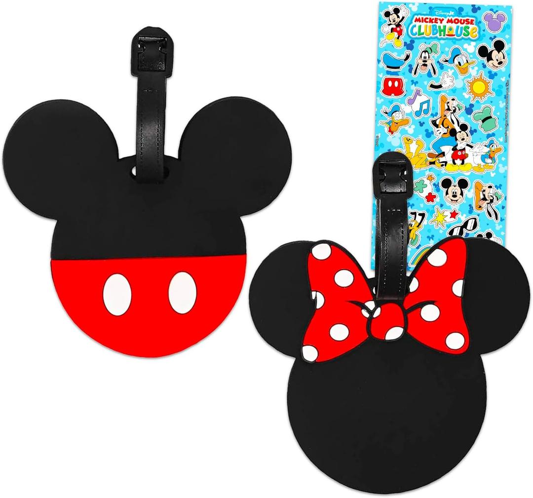 Disney Minnie Mouse and Mickey Mouse Luggage Tag PVC 2-Piece Set - Bundle Mickey and Minnie-Shaped Suitcase Tags Plus Stickers | Disney Travel Set
