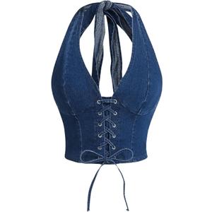 WDIRARA Women's Lace Up Front Denim Halter Tops Deep V Neck Tie Back Smocked Sleeveless Crop Top (Small) WDIRARA Women's Lace Up Front Denim Halter Tops Deep V Neck Tie Back Smocked Sleeveless Crop Top (Small)
