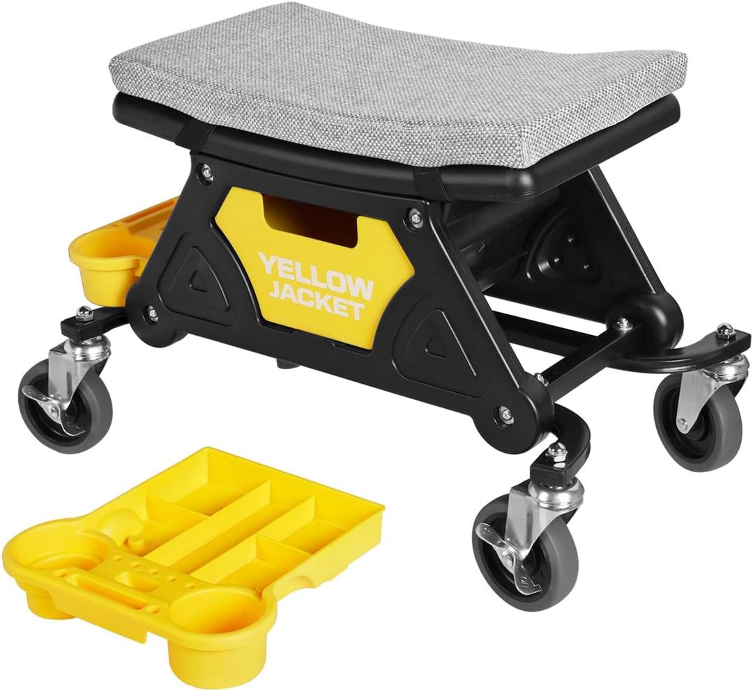 YELLOW JACKET Garage Mechanics Seat with Two Tool Tray and A Drawer, Mechanic Stool with Wheels 300 lbs Capacity, Workshop Creeper Seat for Auto Repair Work