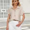Bebonnie Women's Button Down Shirts Short Sleeve Dress Shirts Collared Work Office Blouses (Beige)