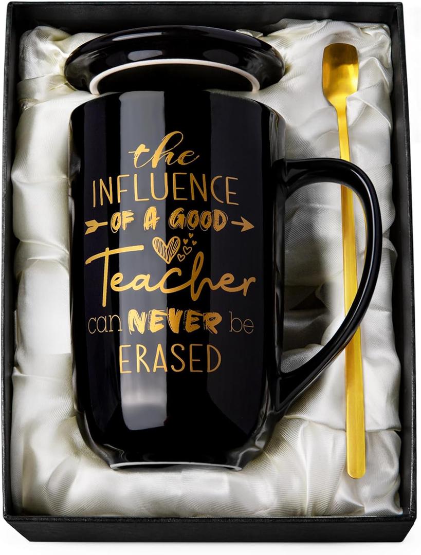 Teacher Gifts for Men, Male Teacher Appreciation Gifts from Students, Best Teacher's Gift on Christmas Graduation Retirement, 18Oz Metal Glaze Ceramic Coffee Mup with Spoon Lid Card Gorgeous Box